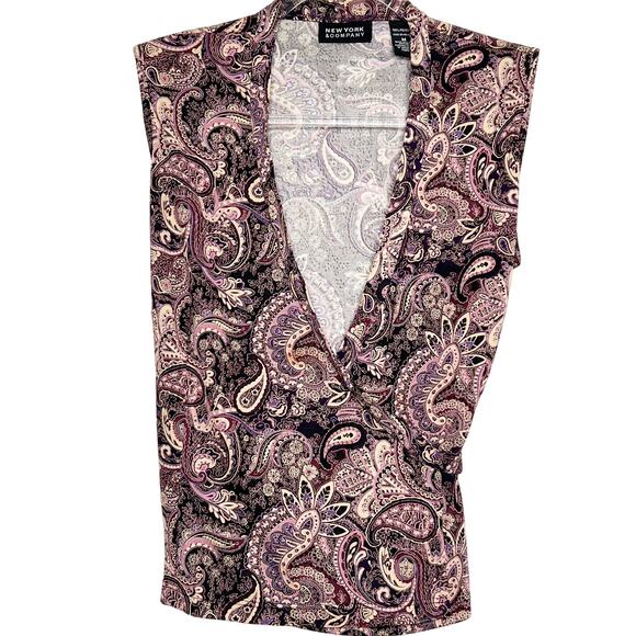 NEW YORK & CO Paisley Sleeveless Wrap Blouse V-Neck Collared Purple Multi Size M - Picture 2 of 8